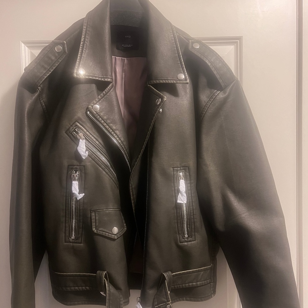 Mango Grey Distressed Faux Leather Biker Jacket XL